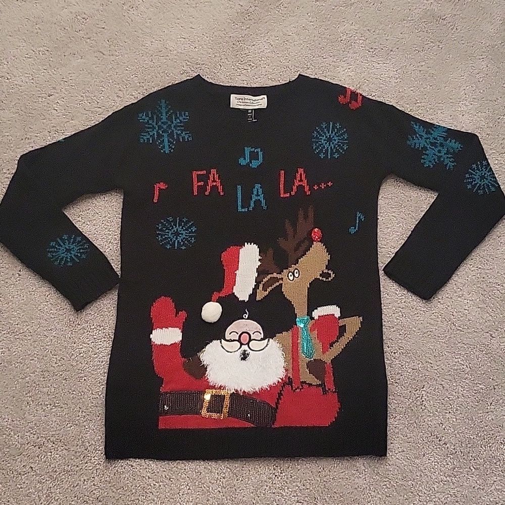 VINTAGE 90s TIARA INTERNATIONAL Santa Rudolph‎ Sequin Ugly Christmas Sweater M